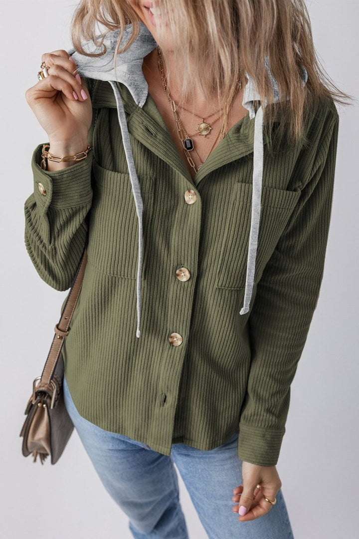 Drawstring Button Up Long Sleeve Hooded Jacket - Outerwear