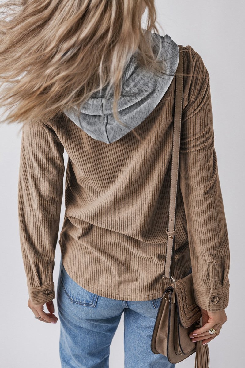 Drawstring Button Up Long Sleeve Hooded Jacket - Outerwear