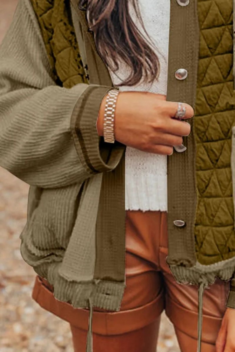 Drawstring Color Block Long Sleeve Jacket - Outerwear