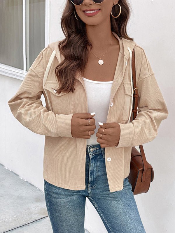 Drawstring corduroy hooded retro jacket - Outerwear