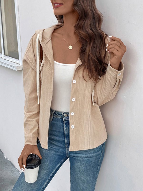 Drawstring corduroy hooded retro jacket - Outerwear