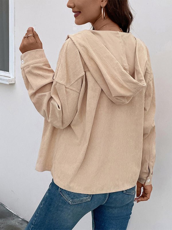 Drawstring corduroy hooded retro jacket - Outerwear