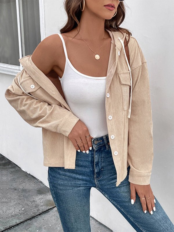 Drawstring corduroy hooded retro jacket - Outerwear