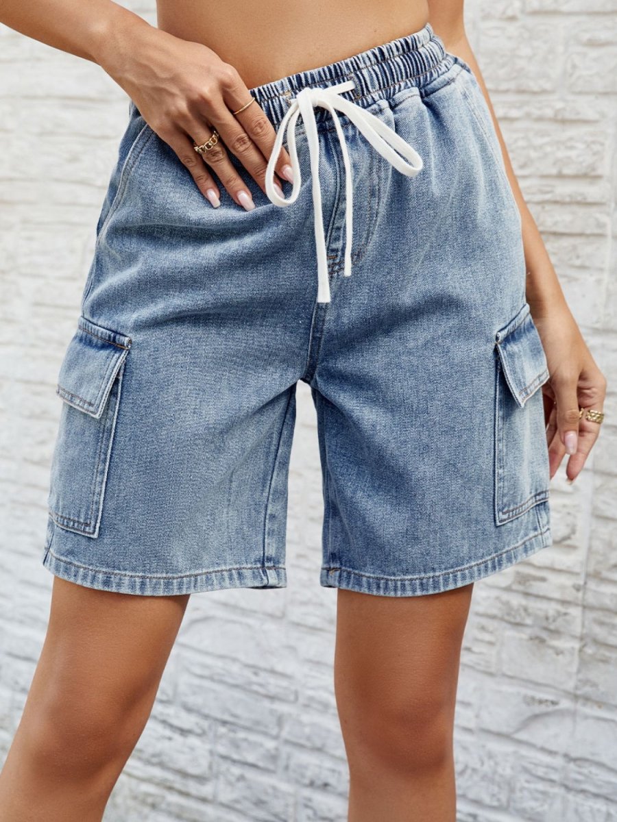 Drawstring Denim Shorts with Pockets - Bottoms