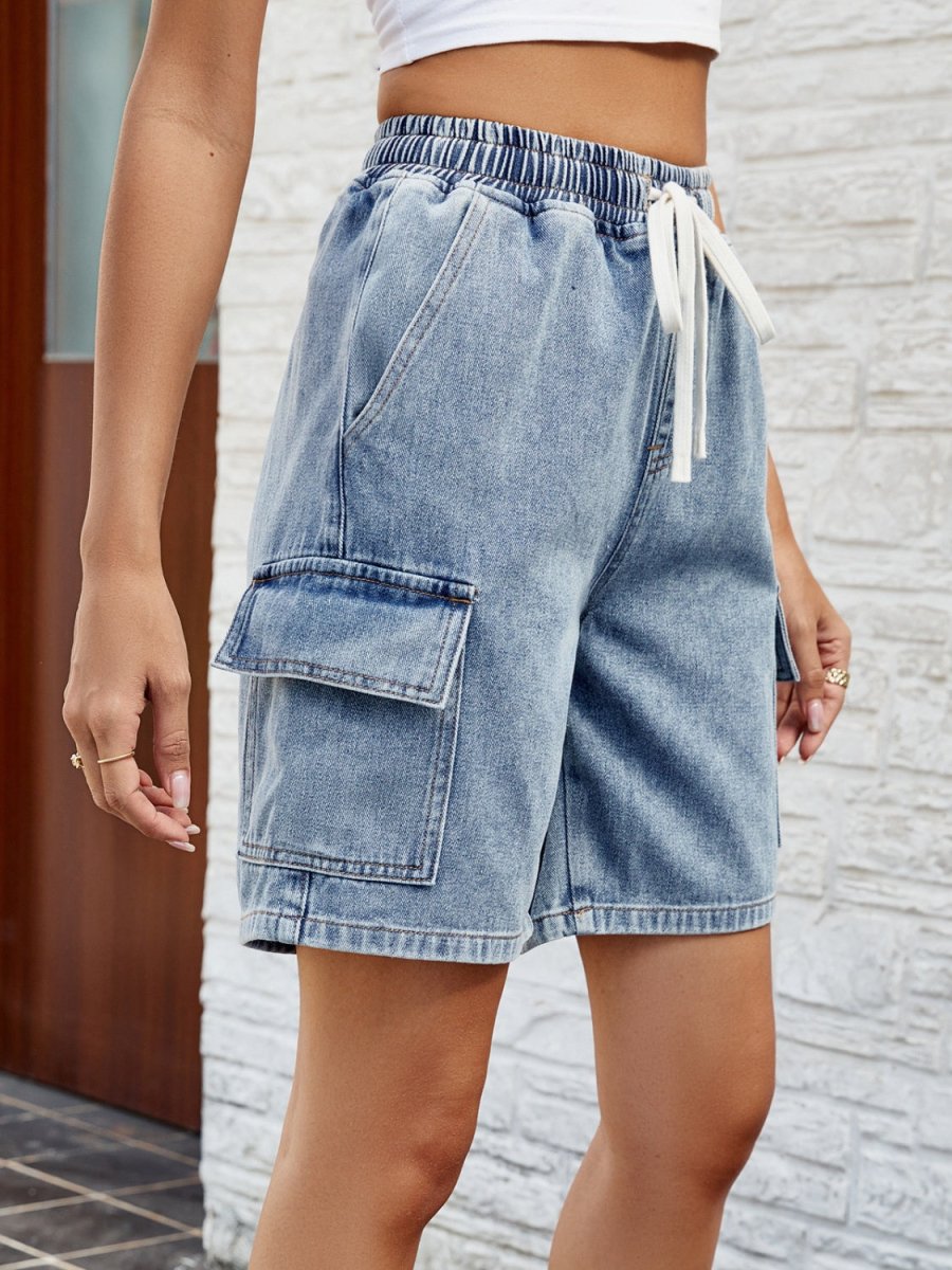 Drawstring Denim Shorts with Pockets - Bottoms