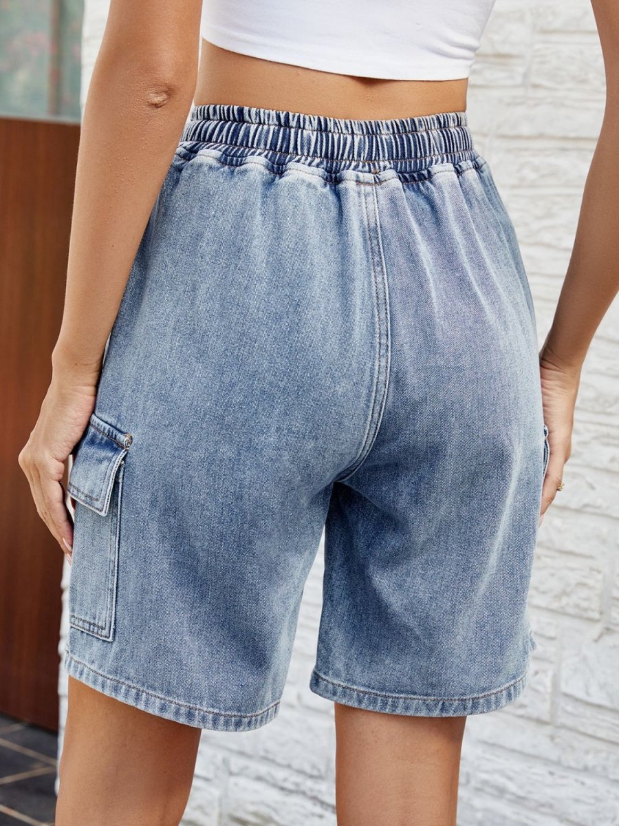 Drawstring Denim Shorts with Pockets - Bottoms