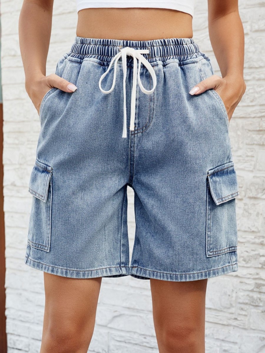 Drawstring Denim Shorts with Pockets - Bottoms