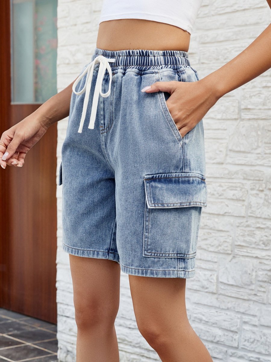 Drawstring Denim Shorts with Pockets - Bottoms