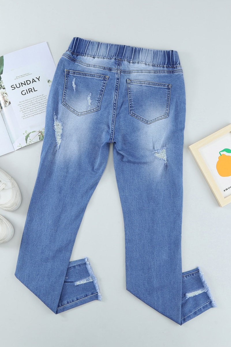 Drawstring Distressed Raw Hem Jeans with Pockets - Bottoms