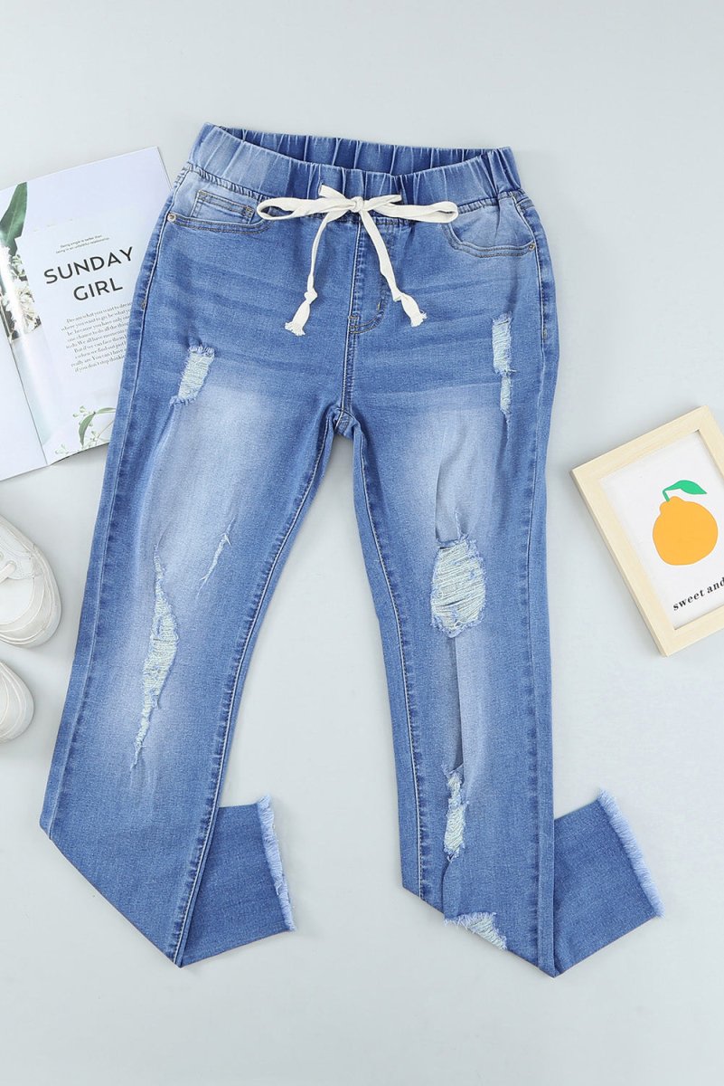 Drawstring Distressed Raw Hem Jeans with Pockets - Bottoms