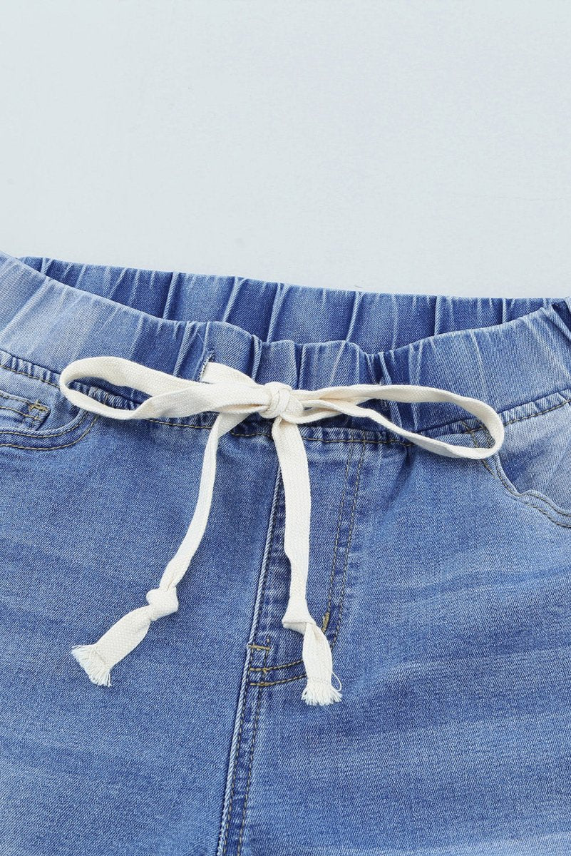 Drawstring Distressed Raw Hem Jeans with Pockets - Bottoms