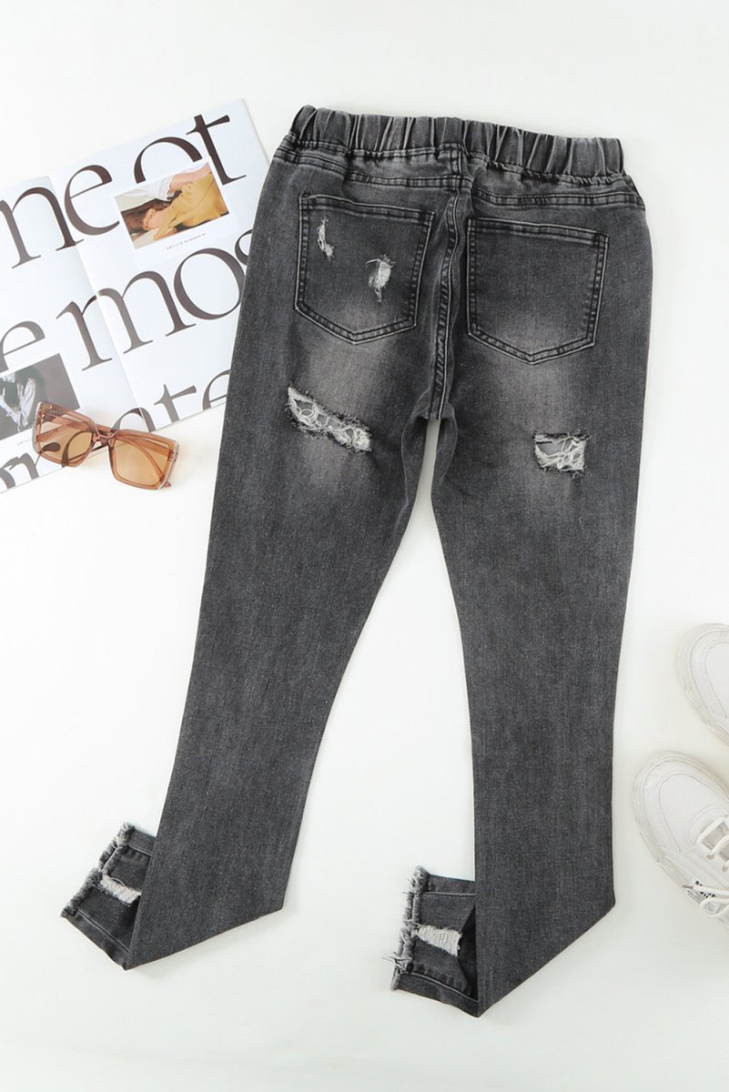 Drawstring Distressed Raw Hem Jeans with Pockets - Bottoms