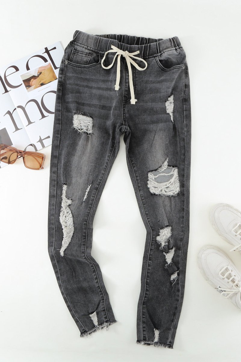 Drawstring Distressed Raw Hem Jeans with Pockets - Bottoms