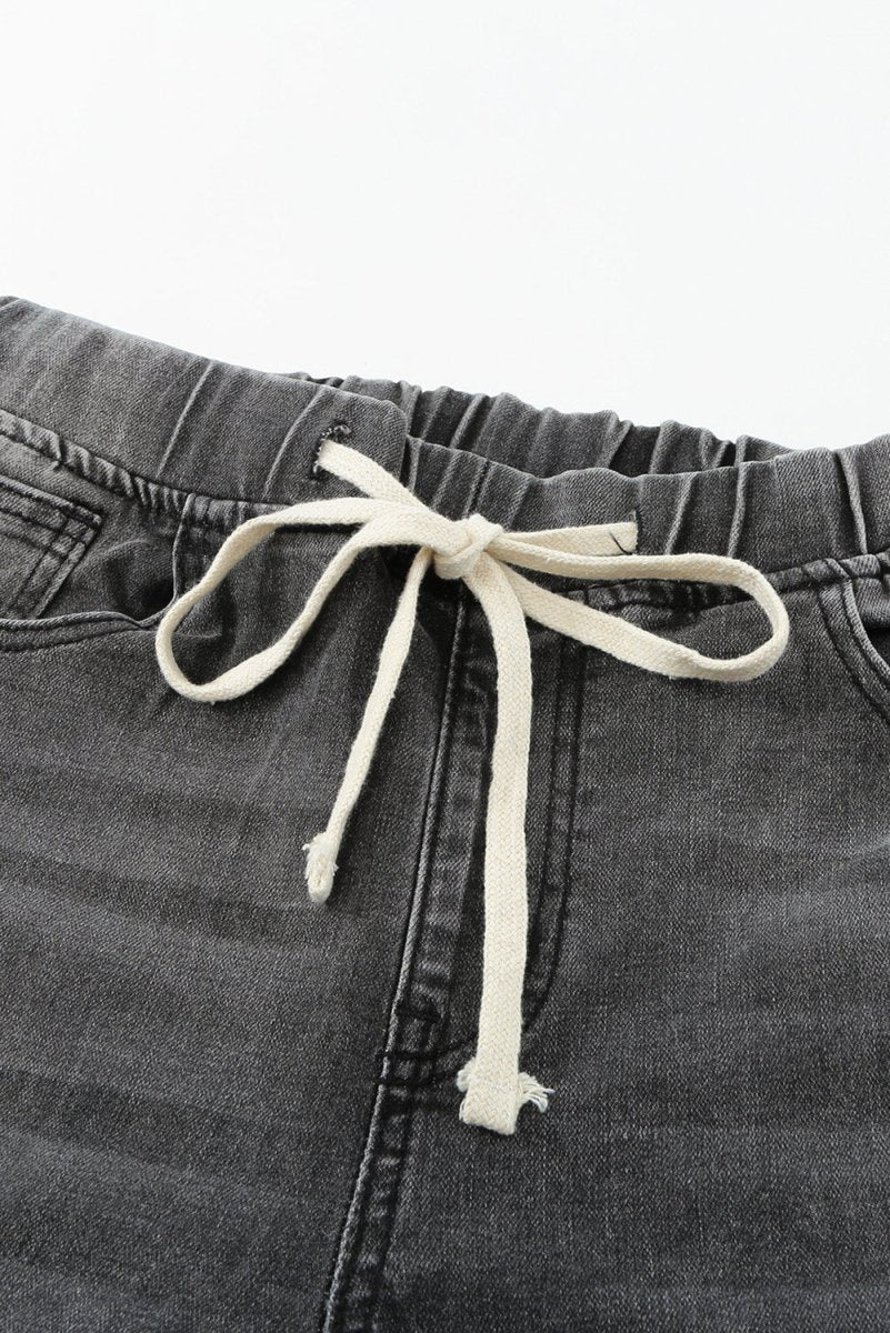 Drawstring Distressed Raw Hem Jeans with Pockets - Bottoms