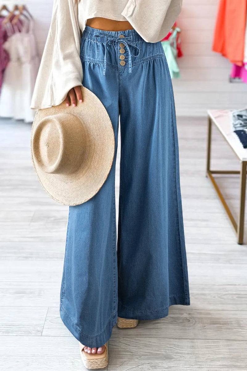 Drawstring Elastic Waist Wide Leg Jeans - Bottoms