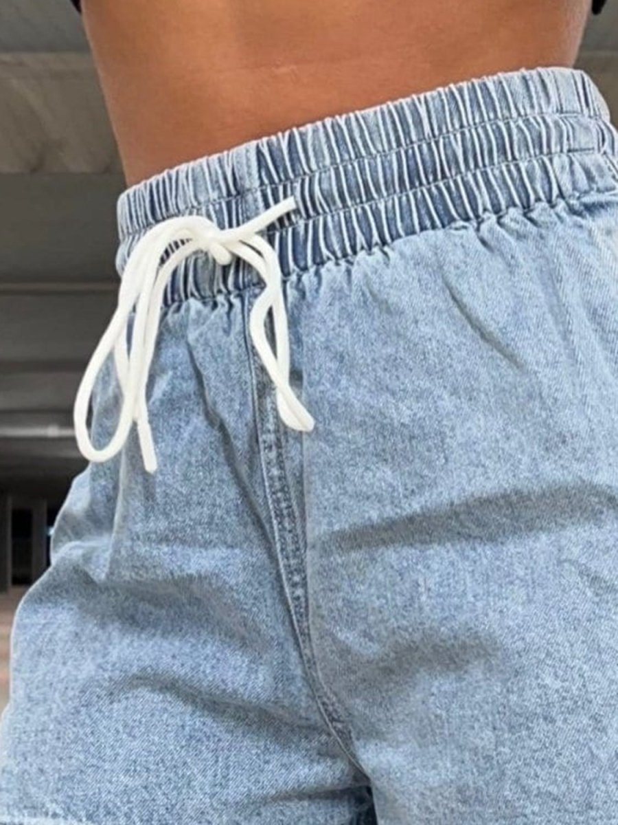 Drawstring High Waist Denim Shorts - Bottoms