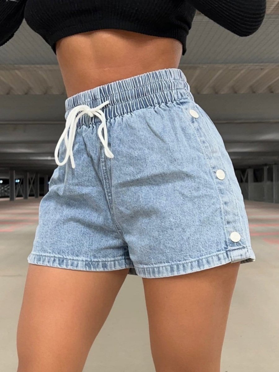 Drawstring High Waist Denim Shorts - Bottoms