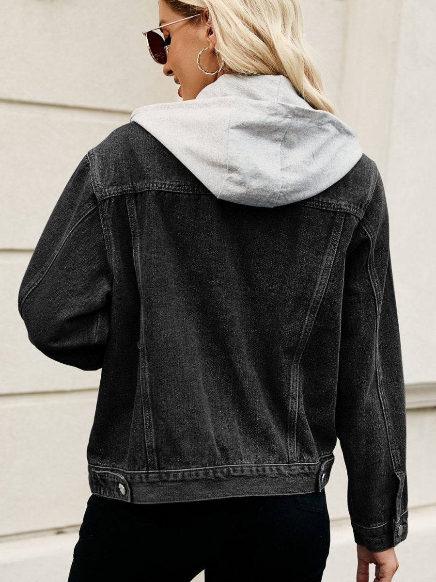 Drawstring Hooded Button Up Denim Jacket - Outerwear