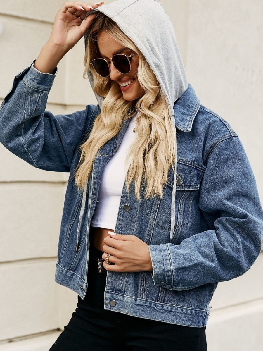 Drawstring Hooded Button Up Denim Jacket - Outerwear