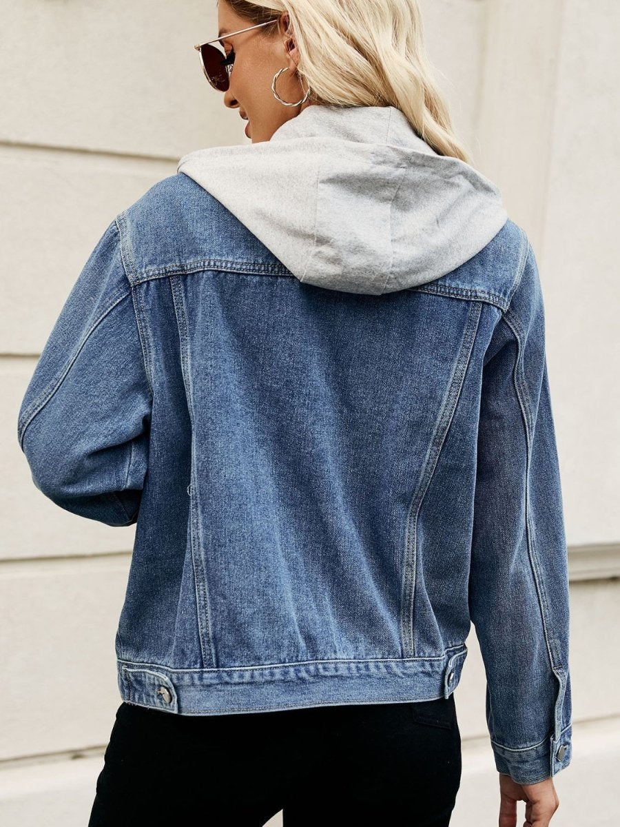 Drawstring Hooded Button Up Denim Jacket - Outerwear