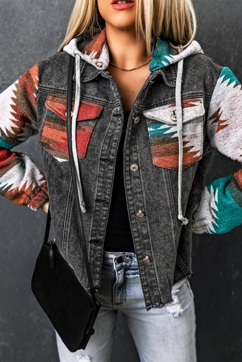 Drawstring Hooded Pocketed Denim Jacket - Outerwear