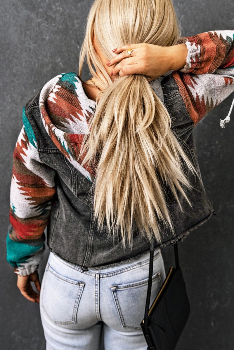 Drawstring Hooded Pocketed Denim Jacket - Outerwear