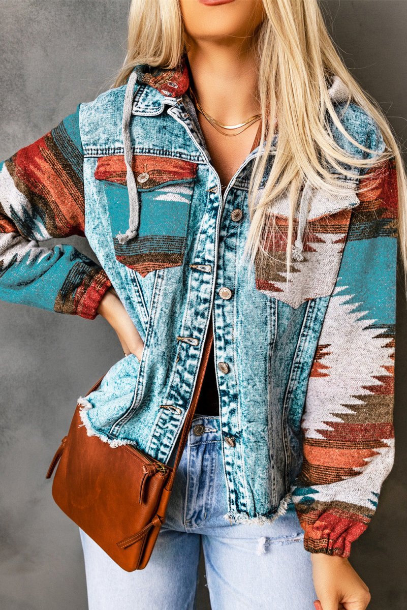 Drawstring Hooded Pocketed Denim Jacket - Outerwear