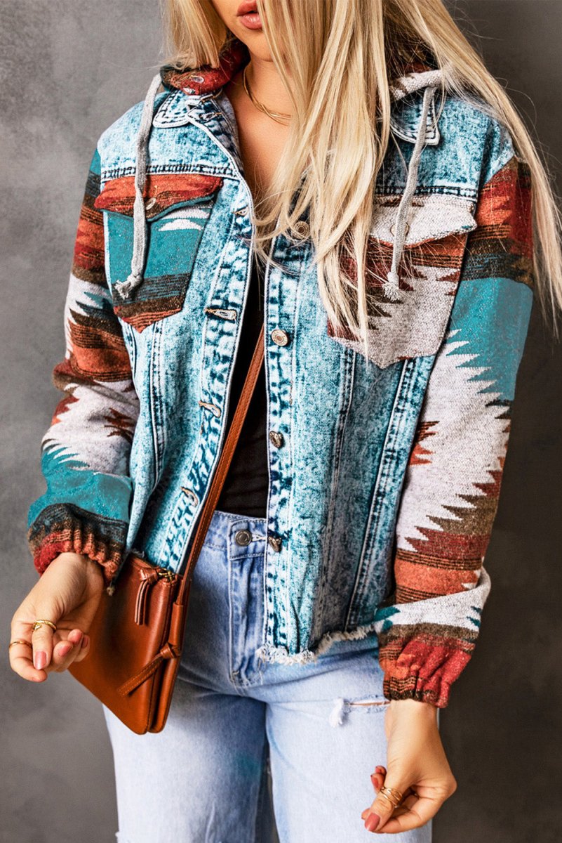 Drawstring Hooded Pocketed Denim Jacket - Outerwear