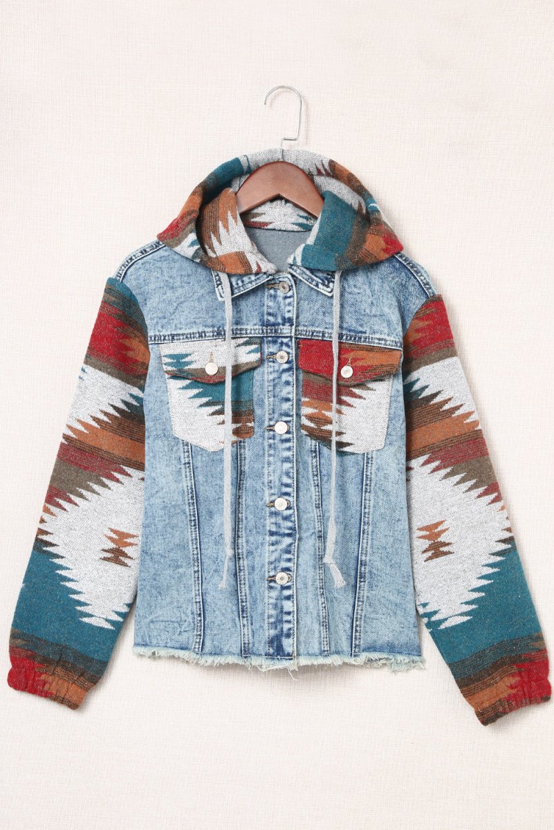 Drawstring Hooded Pocketed Denim Jacket - Outerwear
