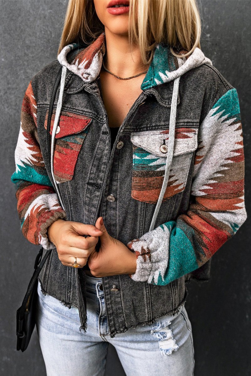 Drawstring Hooded Pocketed Denim Jacket - Outerwear