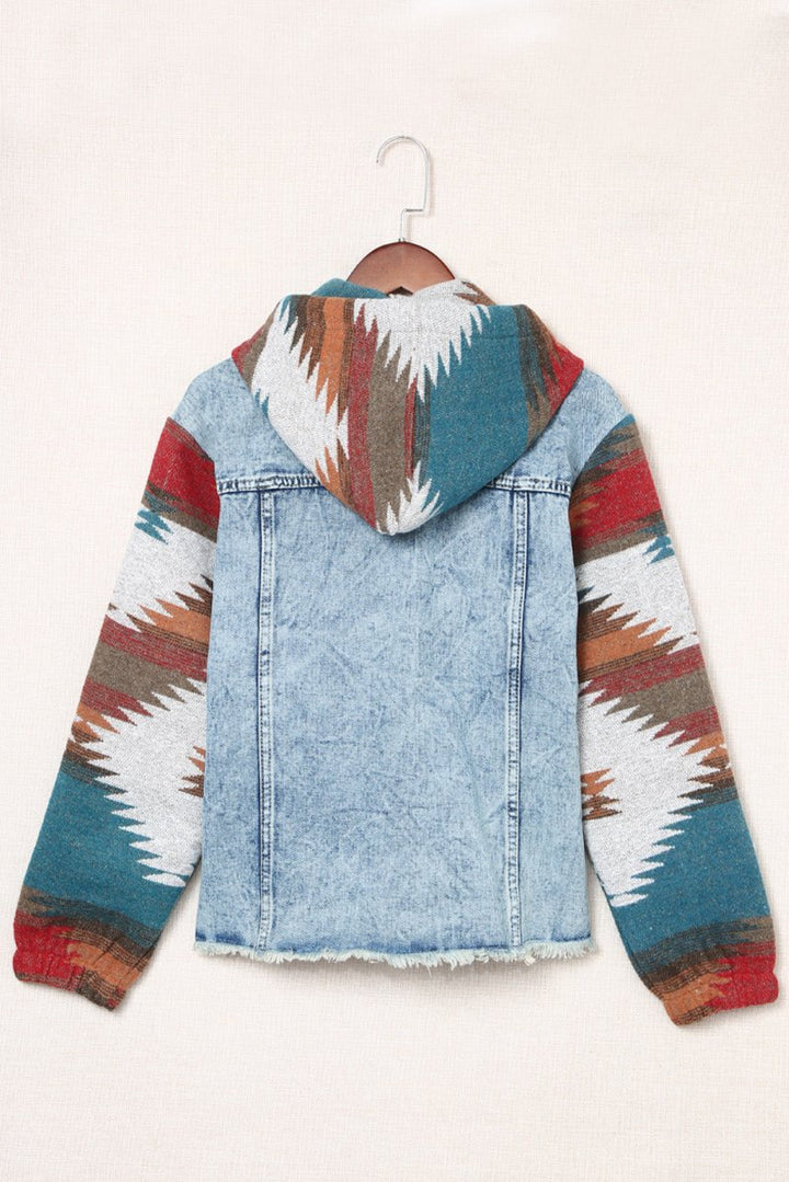 Drawstring Hooded Pocketed Denim Jacket - Outerwear