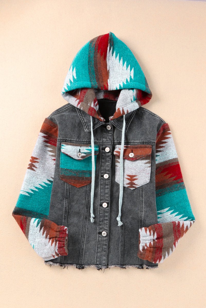 Drawstring Hooded Pocketed Denim Jacket - Outerwear