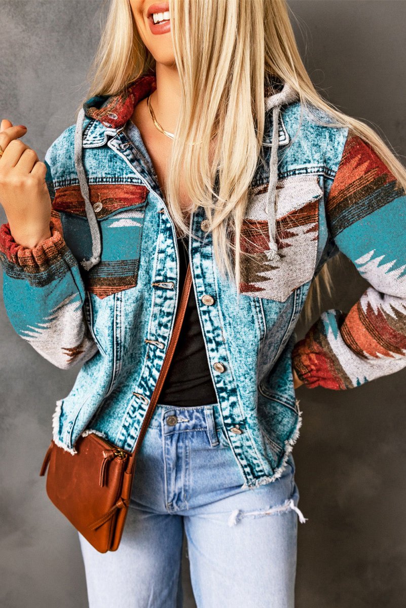 Drawstring Hooded Pocketed Denim Jacket - Outerwear