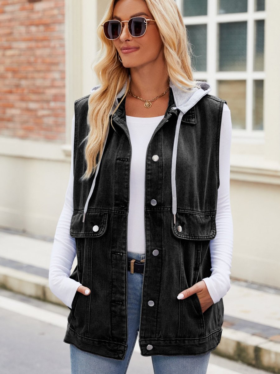 Drawstring Hooded Sleeveless Denim Jacket - Outerwear