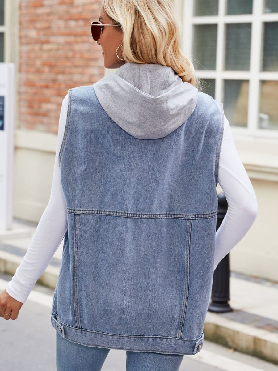 Drawstring Hooded Sleeveless Denim Jacket - Outerwear