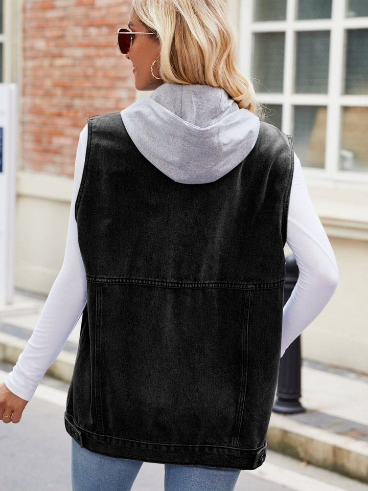 Drawstring Hooded Sleeveless Denim Jacket - Outerwear