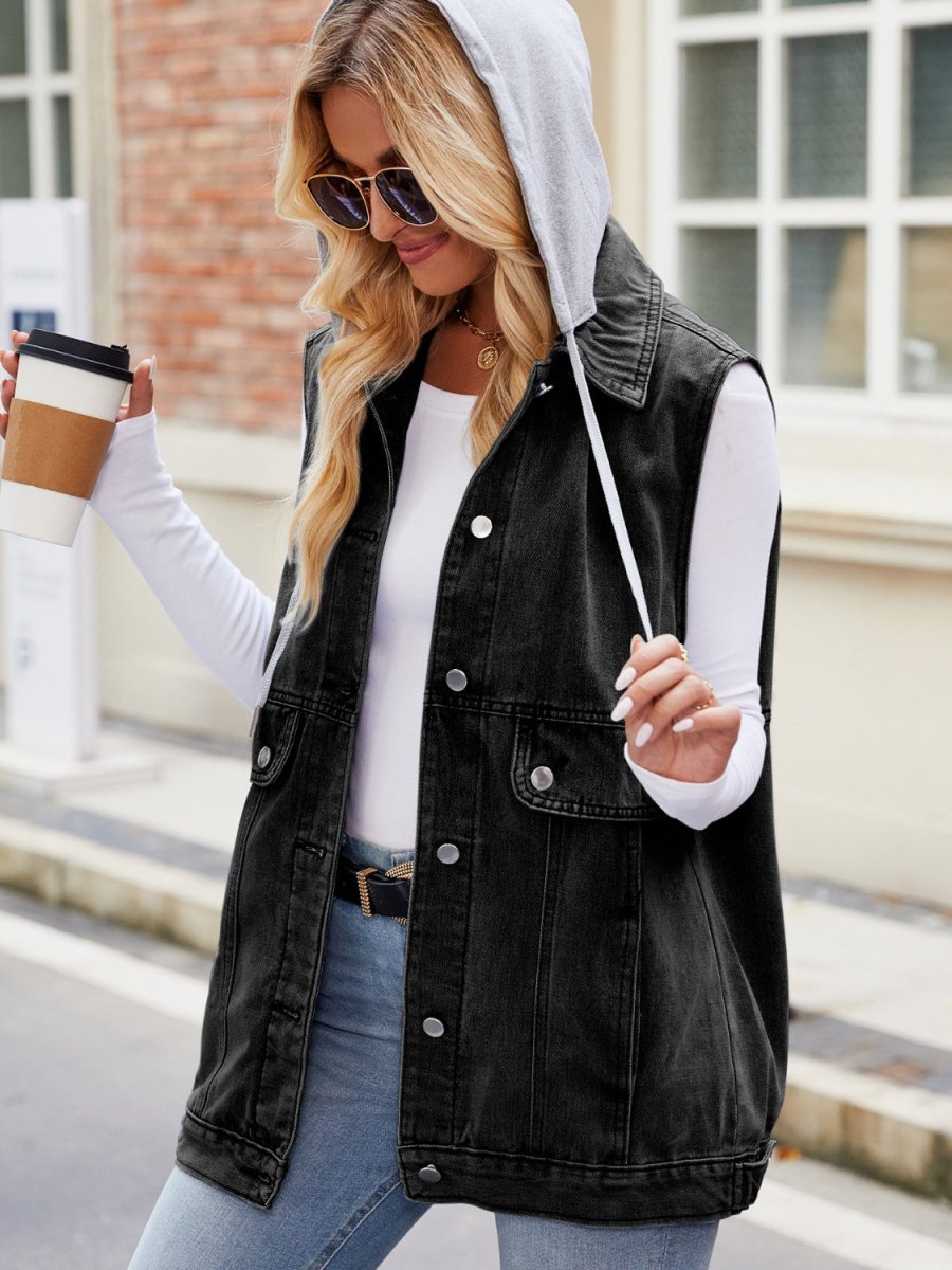 Drawstring Hooded Sleeveless Denim Jacket - Outerwear