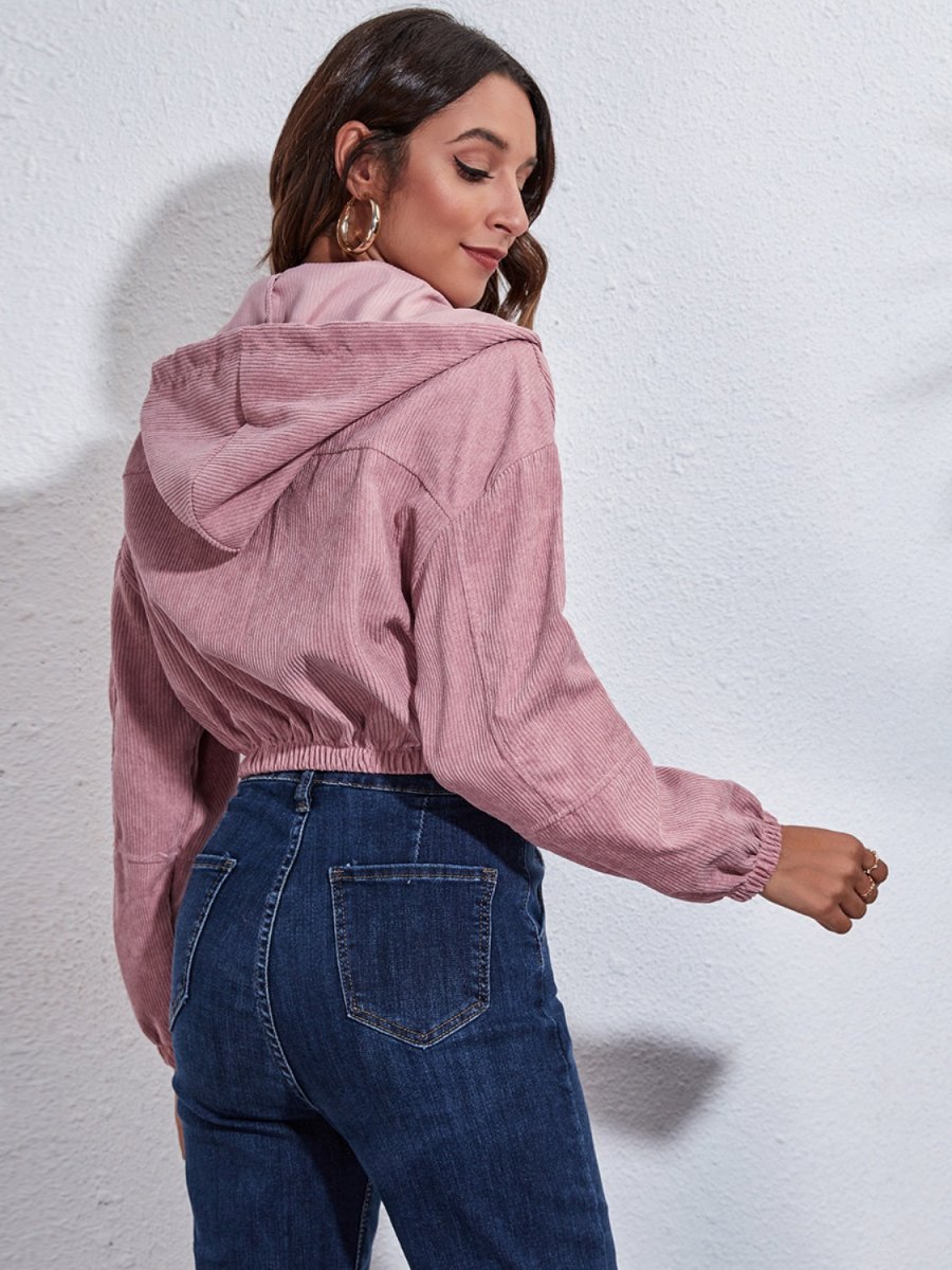 Drawstring Hooded Zip Up Jacket with Pockets - Outerwear