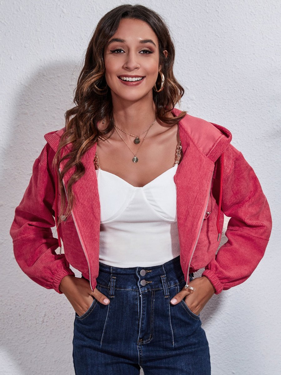 Drawstring Hooded Zip Up Jacket with Pockets - Outerwear