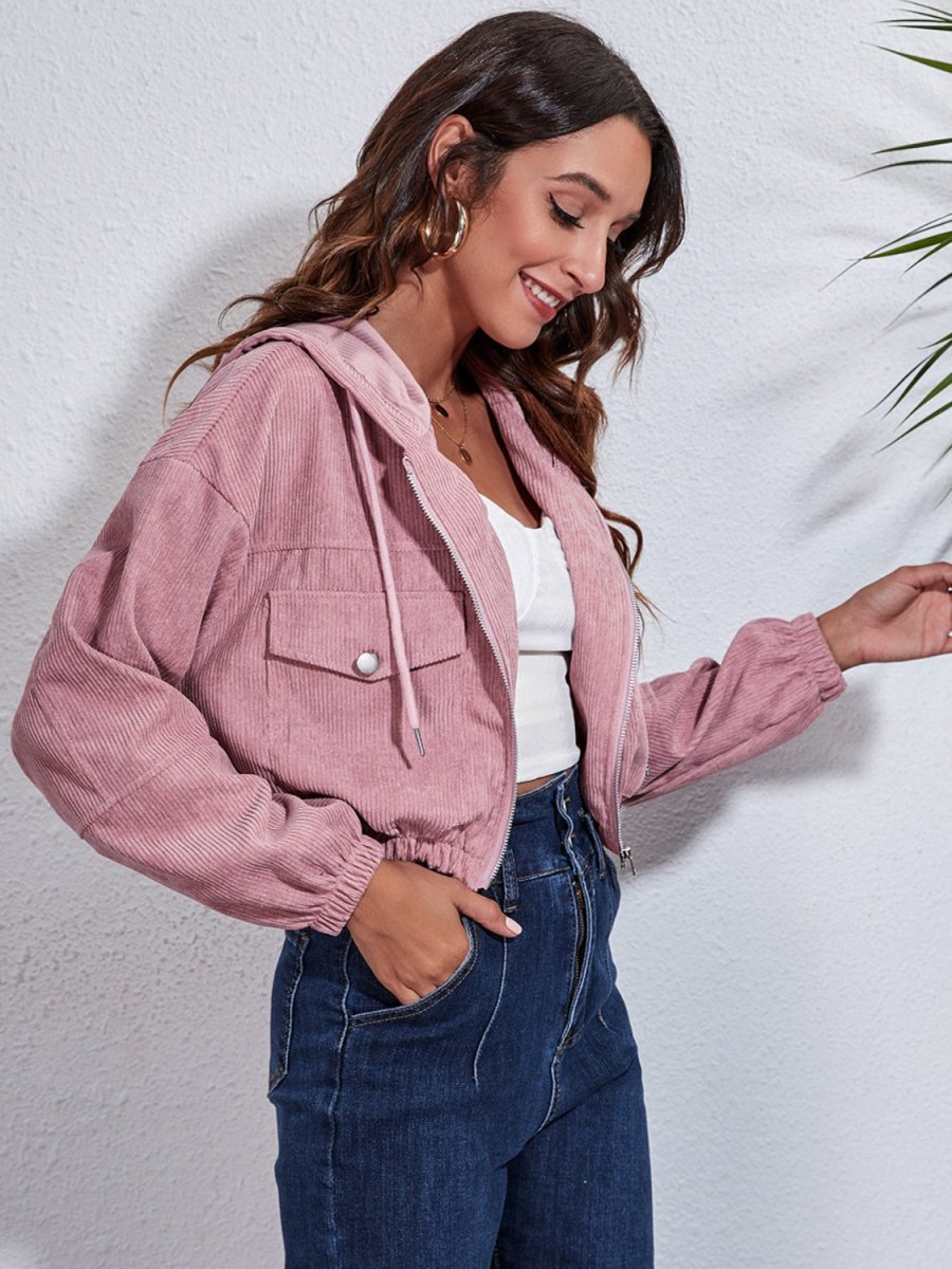 Drawstring Hooded Zip Up Jacket with Pockets - Outerwear