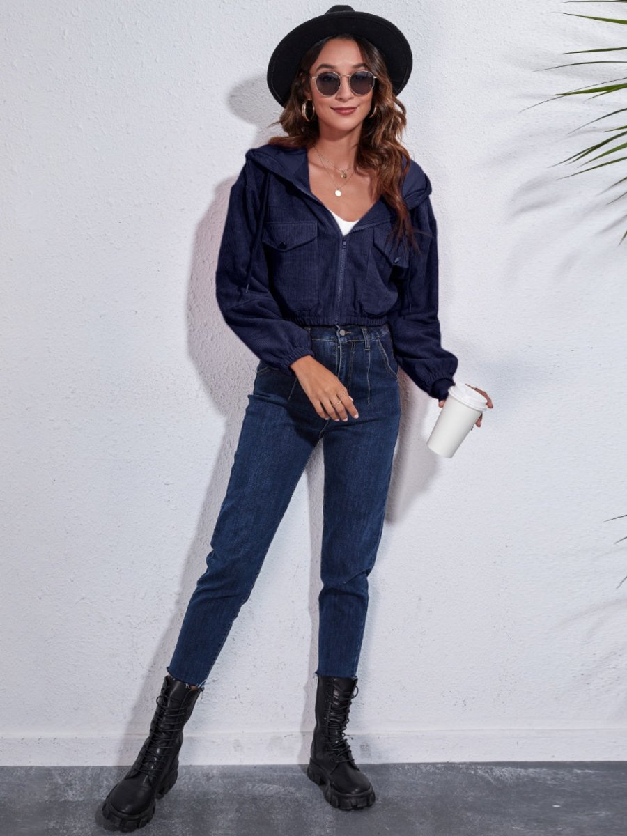 Drawstring Hooded Zip Up Jacket with Pockets - Outerwear