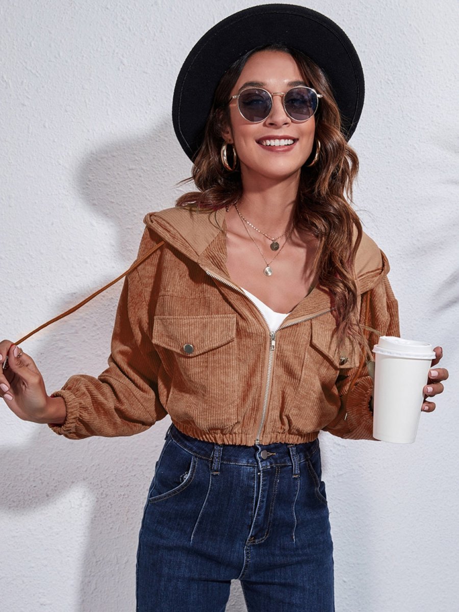 Drawstring Hooded Zip Up Jacket with Pockets - Outerwear