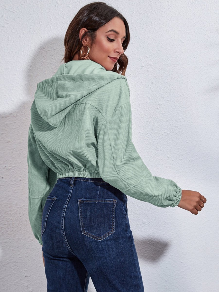 Drawstring Hooded Zip Up Jacket with Pockets - Outerwear