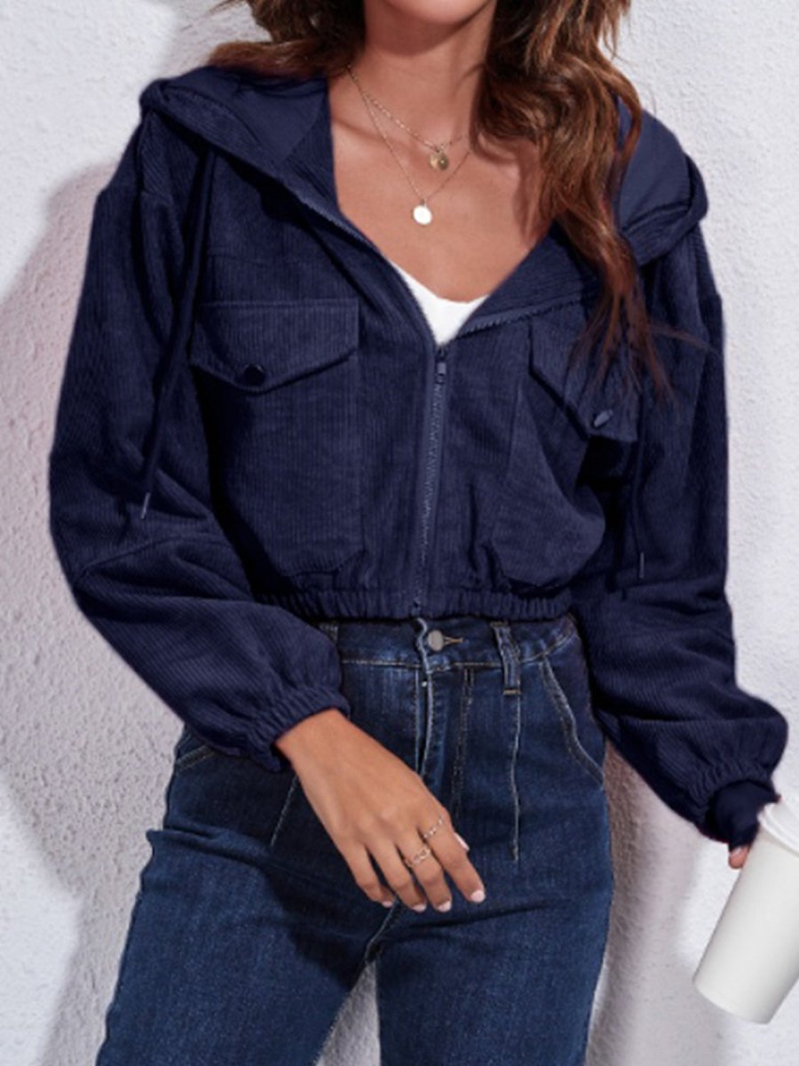 Drawstring Hooded Zip Up Jacket with Pockets - Outerwear