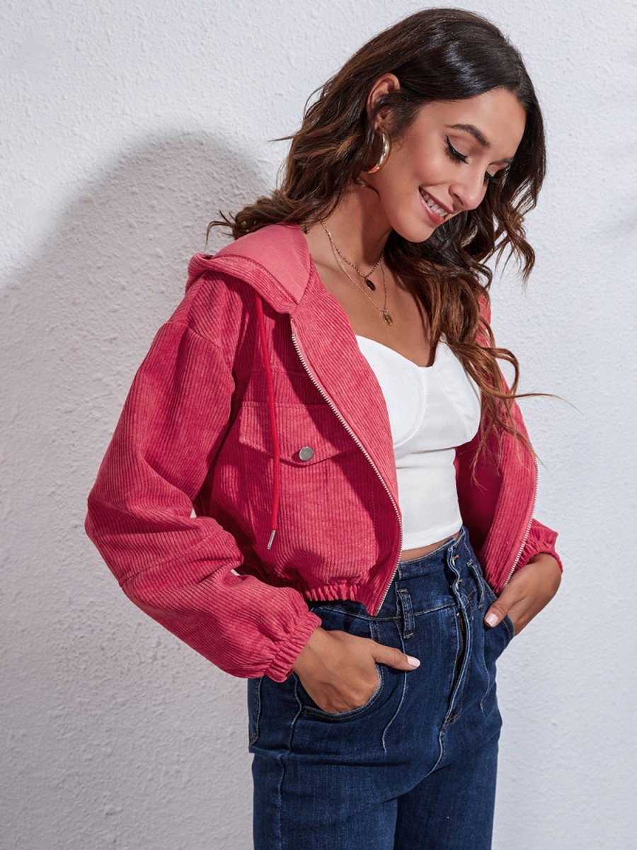 Drawstring Hooded Zip Up Jacket with Pockets - Outerwear