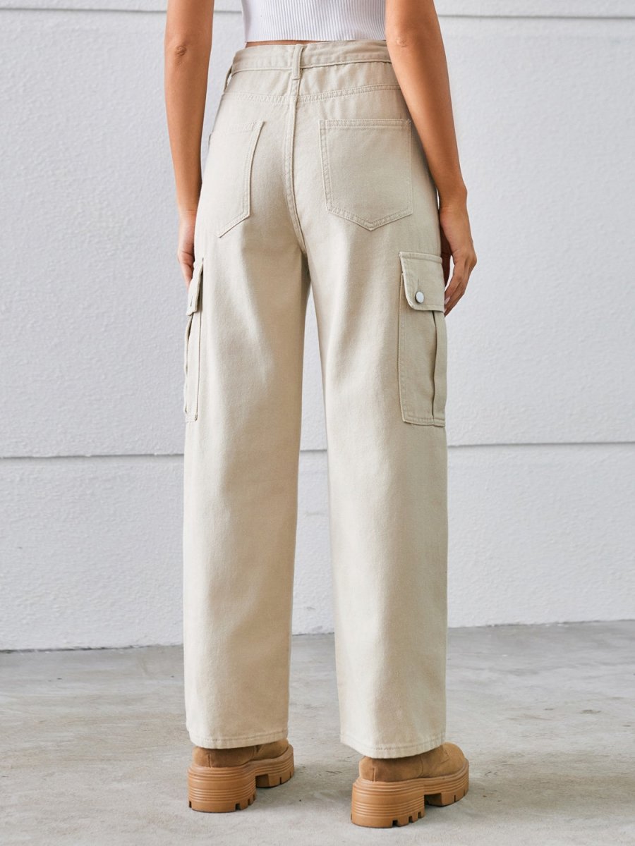 Drawstring Mid - Rise Waist Straight Cargo Jeans - Bottoms