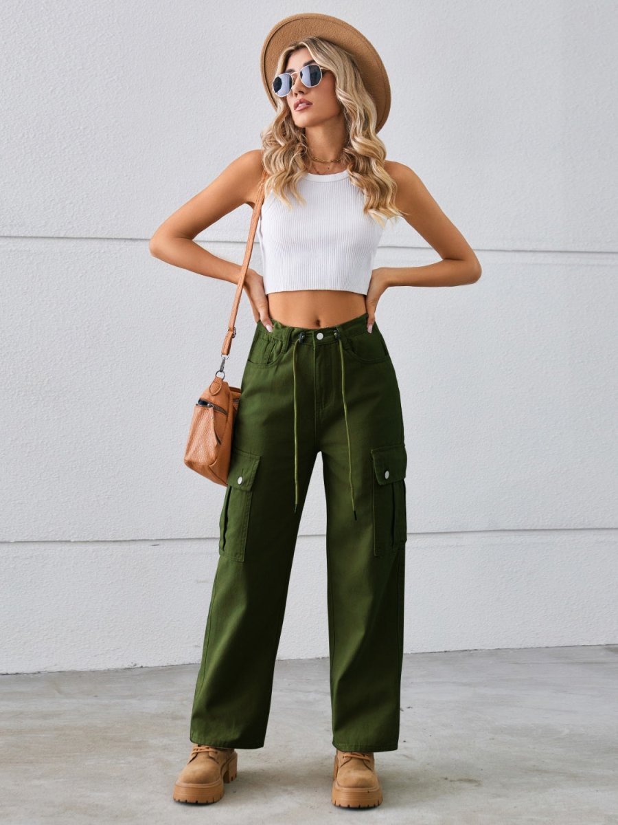 Drawstring Mid - Rise Waist Straight Cargo Jeans - Bottoms
