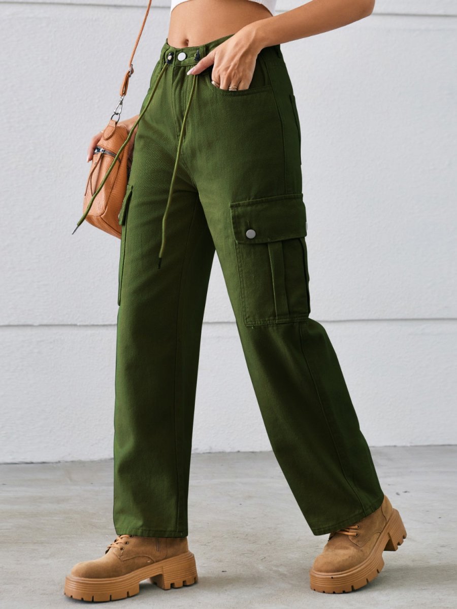 Drawstring Mid - Rise Waist Straight Cargo Jeans - Bottoms