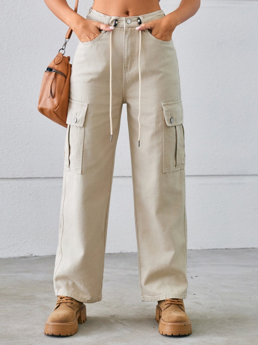 Drawstring Mid - Rise Waist Straight Cargo Jeans - Bottoms