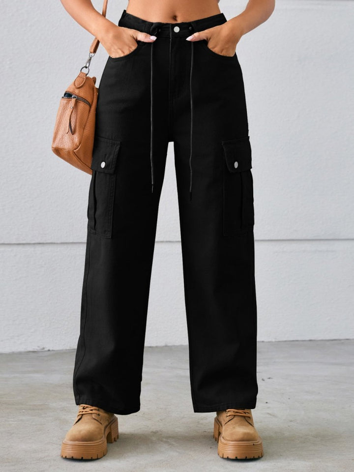 Drawstring Mid - Rise Waist Straight Cargo Jeans - Bottoms